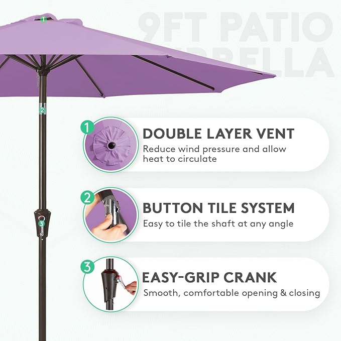 JEAREY 9FT Outdoor Patio Umbrella Outdoor Table Umbrella with Push Button Tilt and Crank, Market Umbrella 8 Sturdy Ribs UV Protection Waterproof for Garden, Deck, Backyard, Pool (Taro Purple)