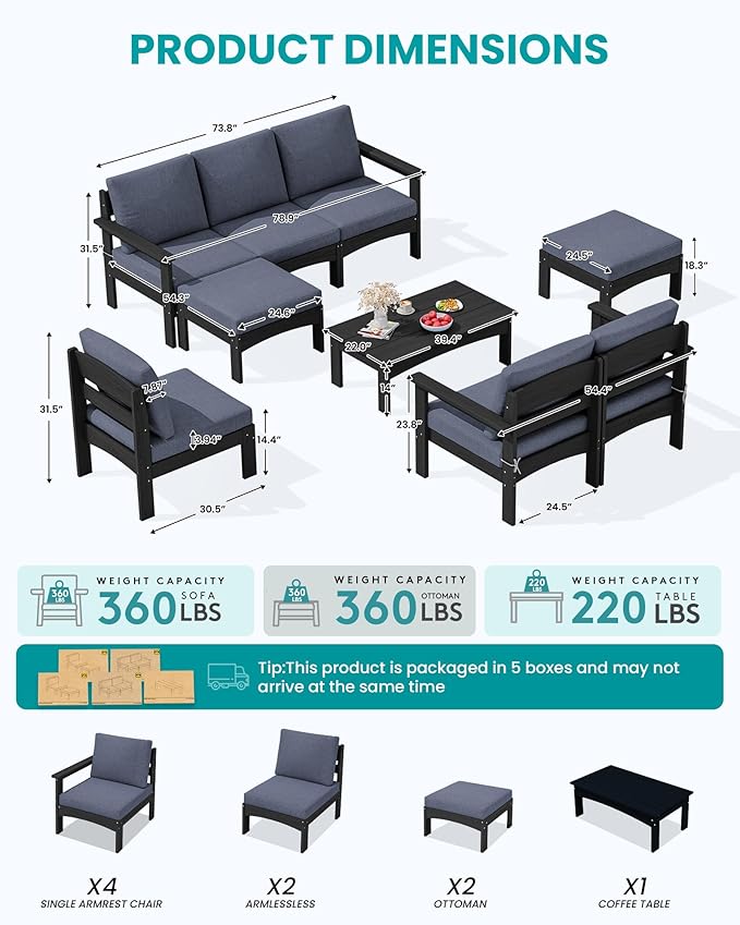 SERWALL 9 Pieces Patio Sofas with 15FT Double Side Patio Umbrella, All-Weather HDPE Outdoor Sectional Sofa, Extra-Large Modular Conversation Set for Patio, Garden, Deck, Grey Frame with Grey Cushion