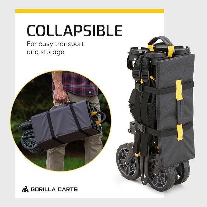 Gorilla Carts Collapsible Folding Outdoor Utility Wagon, 7 Cu Ft Oversized Bed, 150 lb Load Rating, Black – Foldable Rolling Cart w/ Pockets & Cup Holders for Beach, Camping, Sports or Picnic