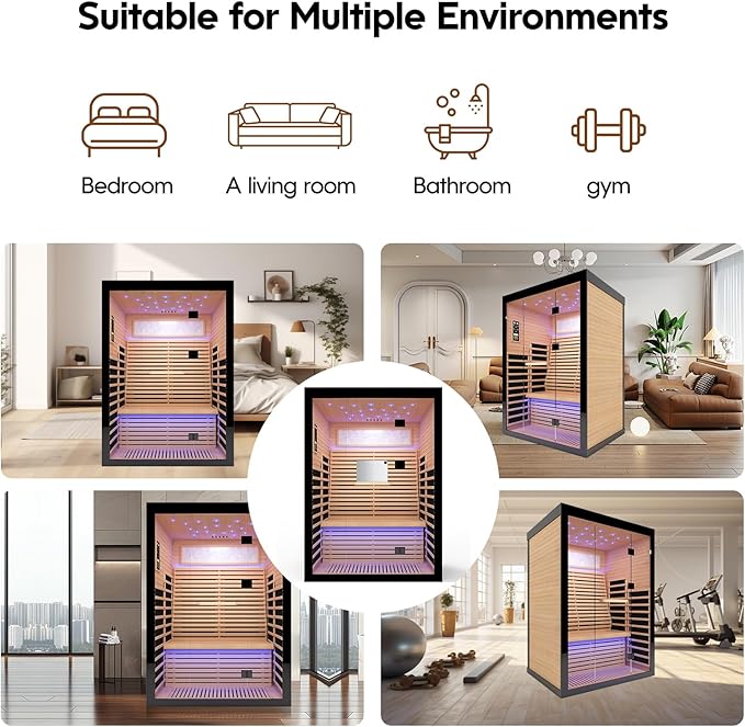 2 Person Infrared Sauna Room Far Infrared Saunas Home Canadian Hemlock Indoor 2100W Low-EMF Dry Saunas with Oxygen Bar 7 Color Therapy 53.1 * 47.2 * 74.8inch
