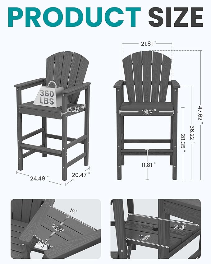 SERWALL Tall Adirondack Chairs Set of 2 with Double Layer Connecting Tray, HDPE Bar Height Outdoor Chairs, Wood-Like Adirondack Bar Stools for Patio, Balcony, Porch, Grey