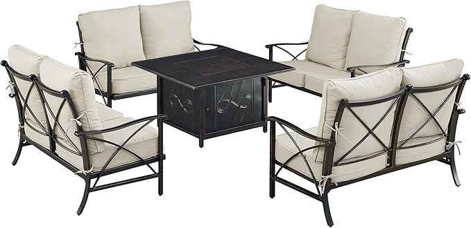 Oakland Living Black Aluminum Patio Fire Table Set with Four Deep Seating Loveseat with Cushions