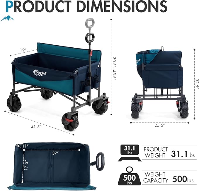 Portal 3-in-1 500lbs Utility Wagon Turn to Bench Seat,Wagon with Love-Seat for 2 Adults,Foldable Beach Wagon Chair with Adjustable Handle &Wheels Brake, Suitable for Groceries, Beach, Sports, Camping
