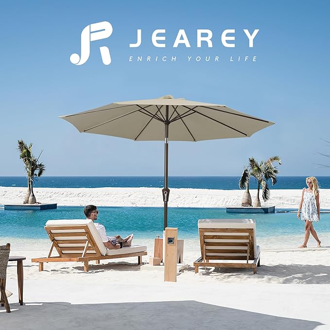 JEAREY 9FT Outdoor Patio Umbrella Outdoor Table Umbrella with Push Button Tilt and Crank, Market Umbrella 8 Sturdy Ribs UV Protection Waterproof for Garden, Deck, Backyard, Pool (Tan)