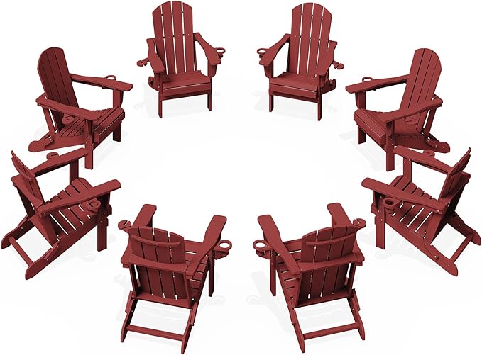KINGYES Folding Adirondack Chair Set of 8, Dual Cup Holders & All-Weather HDPE, Wood-Like Patio Chair for Backyard, Camping, Pool & Fire Pit, Dark Red