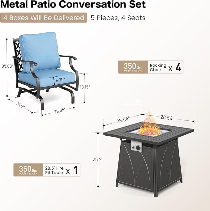 SUNSHINE VALLEY 5 Piece Metal Outdoor Patio Furniture Set with Fire Pit Table, Patio Conversation Sets 4 Rocking Chairs with 5.75" Thick Cushion and 5000 BTU Fire Pit Table, Backyard Furniture, Blue