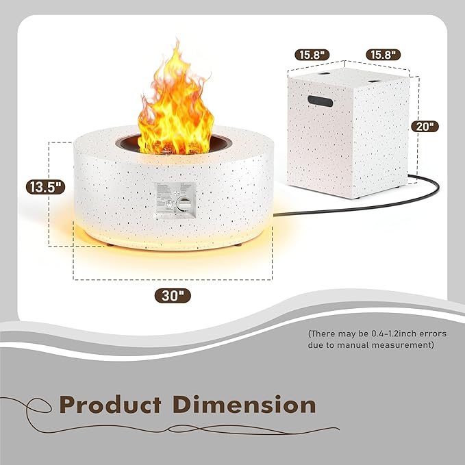 30" Round Propane Fire Pit Table - 50K BTU with Lid, Rocks Tank Storage and Cover - Round Gas Fire Pits for Outside Patio - Outdoor Table with Firepit (White/Golden Light, 30" Round)