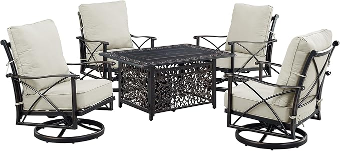 Oakland Living Black Aluminum Patio Fire Table Set with Four Club Chairs