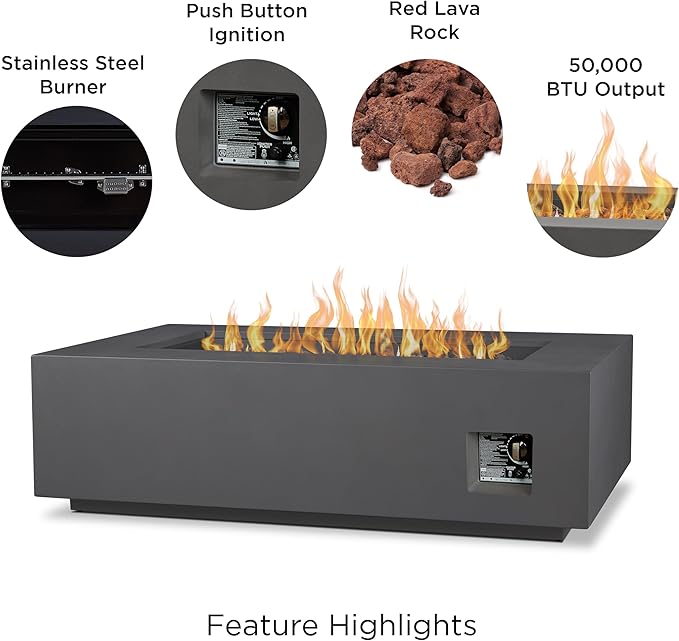 Real Flame Aegean 50in Rectangle Propane or Natural Gas Fire Pit Table, 50,000 BTU, Powder-Coated Steel, Push-Button Ignition, CSA Certified, Lava Rock, Storage Cover, Stainless Steel Burner with Lid