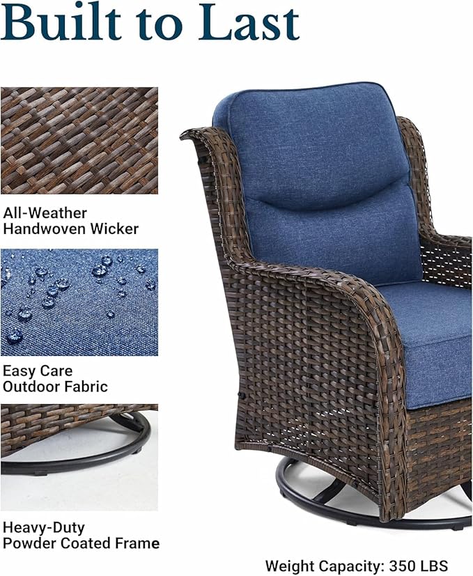 HILLGA Luxury Patio Furniture Set with 6-inch Thick Cushion, Outdoor High Back Swivel Rocker Patio Chairs, 3PCS Wicker Conversation Set for Deck Yard and Poolside, Blue (V2)