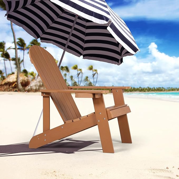 Adirondack Chair, All Weather Resistant Plastic Chairs with Cup Holder, 5 Easy Steps to Install, Outdoor Chairs for Patio, Garden, Backyard Deck, Lawn, Fire Pit - Teak