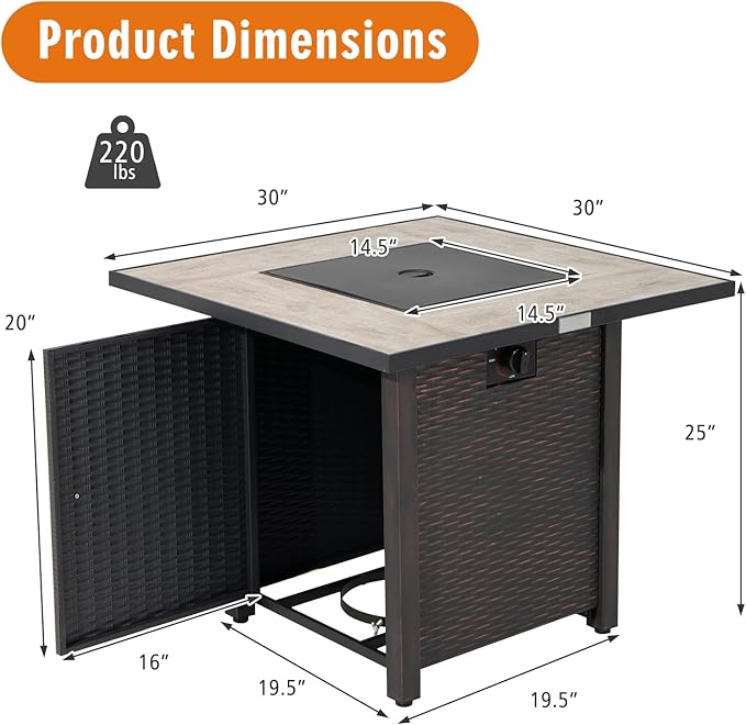 Tangkula 30 Inch Propane Gas Fire Pit Table, Patiojoy 50,000 BTU Square Fire Table with Ceramic Tabletop, PVC Cover & Lava Rocks Included, Perfect for Backyard, Outdoor (Black)