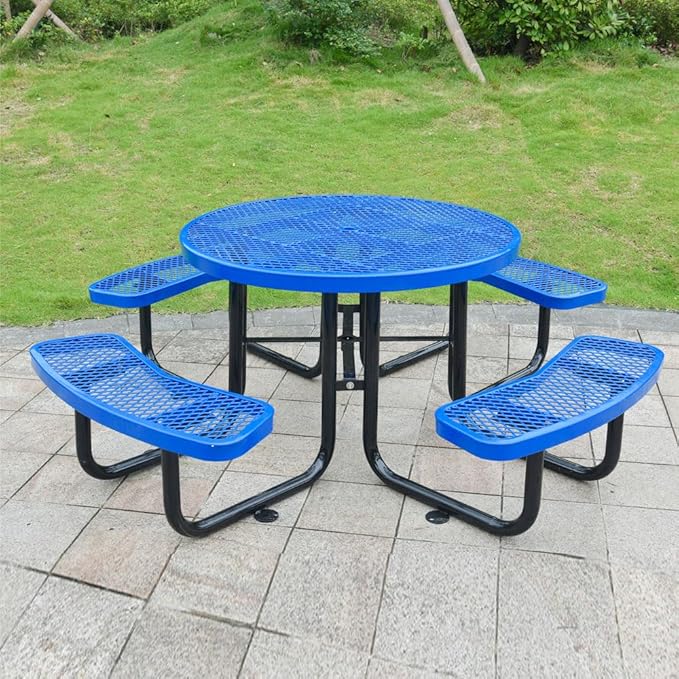 KUFUH 46" Round Metal Picnic Table for 4-8 Person, Durable Heavy Duty Commercial Picnic Table with Umbrella Hole for Outdoor Coffee Shop, School, Hospital, Easy to Install, Blue