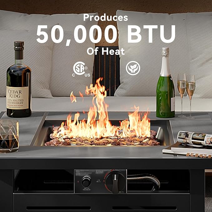 Aoxun 28" Propane Fire Pit Table Ceramic Top, 50000 BTU Outdoor Patio Heater with Lava Rocks, Rectangle Gas Fire Pits for Outside Patio with Removable Lid, Black