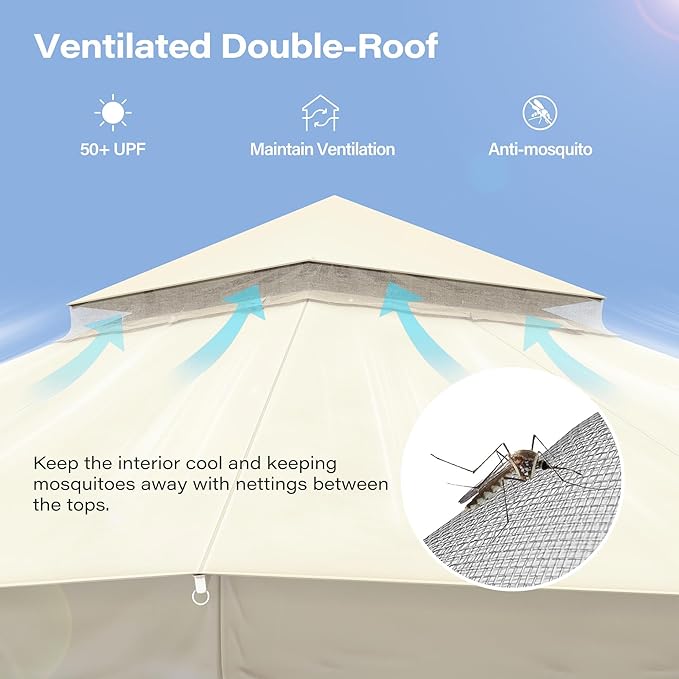LAUSAINT HOME Outdoor Patio Gazebo 10'x10' with Expansion Bolts, Heavy Duty Party Tent & Shelter with Double Roofs, Mosquito Nettings and Privacy Screens for Backyard (Cream White)