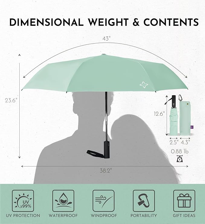 UV Travel Umbrella for Sun Protection & Rain, Compact Windproof Folding, Refined craftsmanship, Auto Open/Close, 43" Canopy with color coating, UPF 100+ UV Blocking, TSA Approved