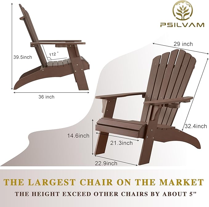 Psilvam Adirondack Chair, Oversized Poly Lumber Fire Pit Chair with Cup Holder, 350Lbs Support Patio Chairs for Garden, Weather Resistant Adirondack Chair Looks Like Real Wood (2, Brown)