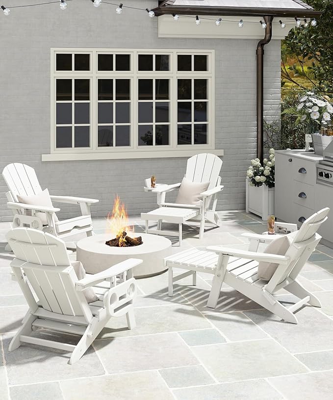 Adjustable Adirondack Chair with Retractable Ottoman, HDPE Folding Adirondack Chair with Cup Holder, All Weather Fire Pit Chair for Outdoor