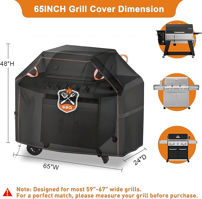 Grill Cover, Universal 65" BBQ Grill Cover for Outdoor Grill, Waterproof, Weather Resistant, Fade Resistant Gas Grill Cover with Adjustable Double Straps for Weber, Char-broil, Nexgrill, etc