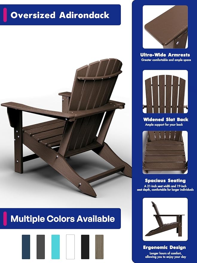 BRIOPAWS Adirondack-Chairs-Set of 6 | Brownwood Grain |Fire Pit Chair | Oversized | HDPE Plastic | Weather Resistant | for Deck Outdoor Poolside Campfire