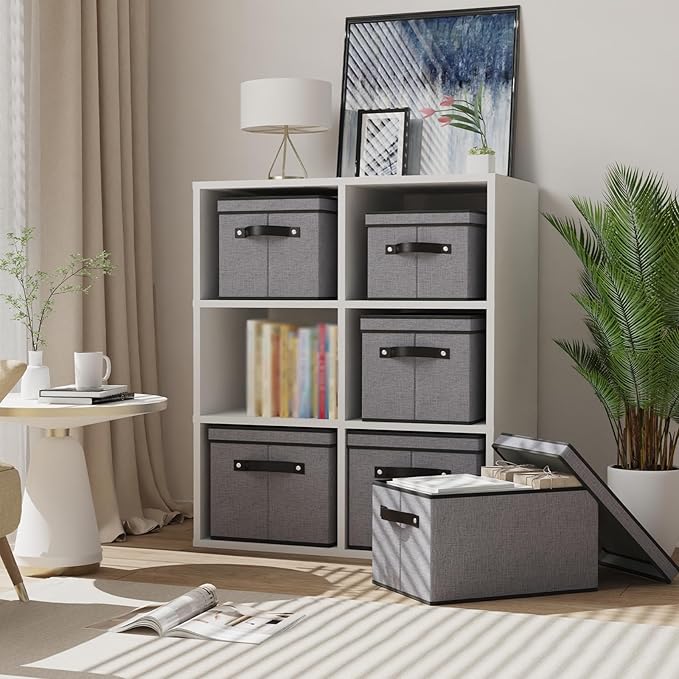 Storage Bin with Lid, Storage Box for Shoes Towels Books, Fabric Closet Organizer with Handles, Gray, 16.5 x 11.8 x 10.2 Inch, 1-Pack