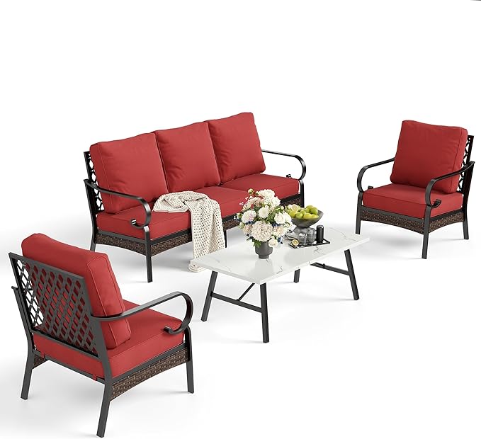 SUNSHINE VALLEY 4 Piece Metal Outdoor Patio Furniture Set, Patio Conversation Sets 1 3-Seater Sofa, 2 Chairs with 5.75" Extra Thick Cushion and Coffee Table, Black Frame Backyard Furniture, Rust Red