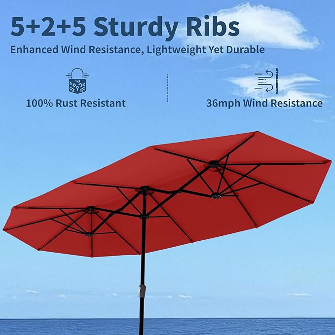 15FT Double Sided Patio Umbrella with Base Included Large Outdoor Market Umbrella with Crank Handle, UV Resistant Canopy, Sturdy Frame for Garden, Poolside, Deck, Red