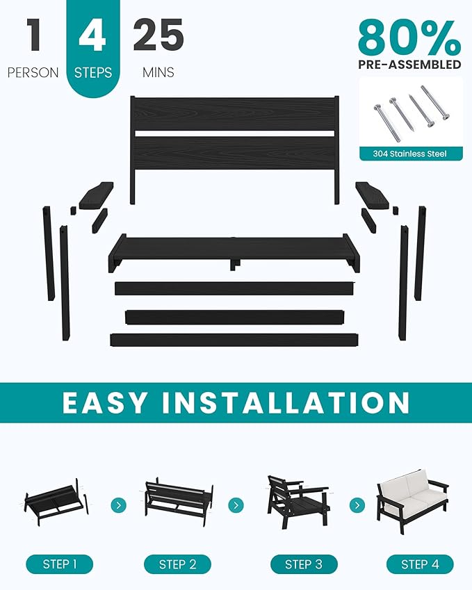 SERWALL HDPE Outdoor Patio Loveseat, Black Frame and Khaki Cushion
