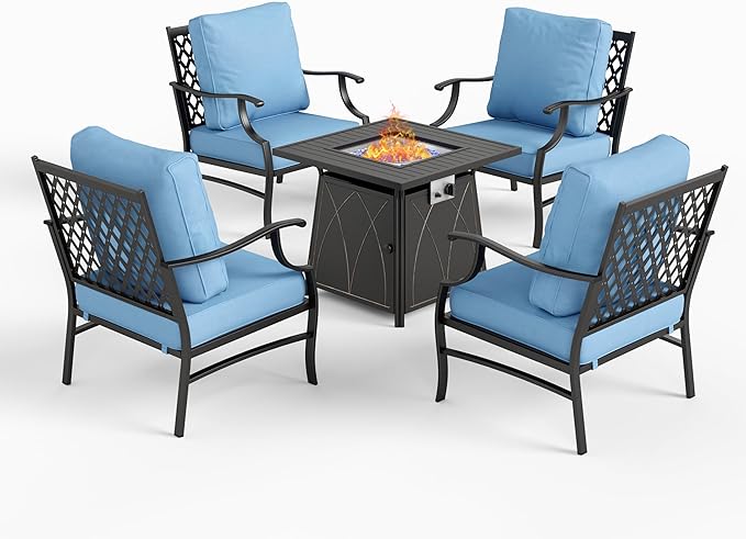 SUNSHINE VALLEY 5 Piece Metal Outdoor Patio Furniture Set with Fire Pit Table, Patio Conversation Sets 4 Fixed Chairs with 5.75" Thick Cushion and 5000 BTU Fire Pit Table, Backyard Furniture, Blue