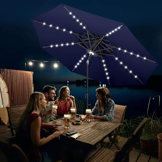 FLAME&SHADE 9 ft Double Top Solar Powered Outdoor Market Patio Table Umbrella with LED Lights and Tilt, Navy Blue