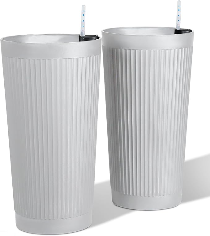 24” Outdoor Tall Planters Set of 2, Self Watering Large Planter Pots for Indoor Plants, Plastic Outdoor Flower Pots with Drainage Hole for Front Porch, Patio (White Ribbed)