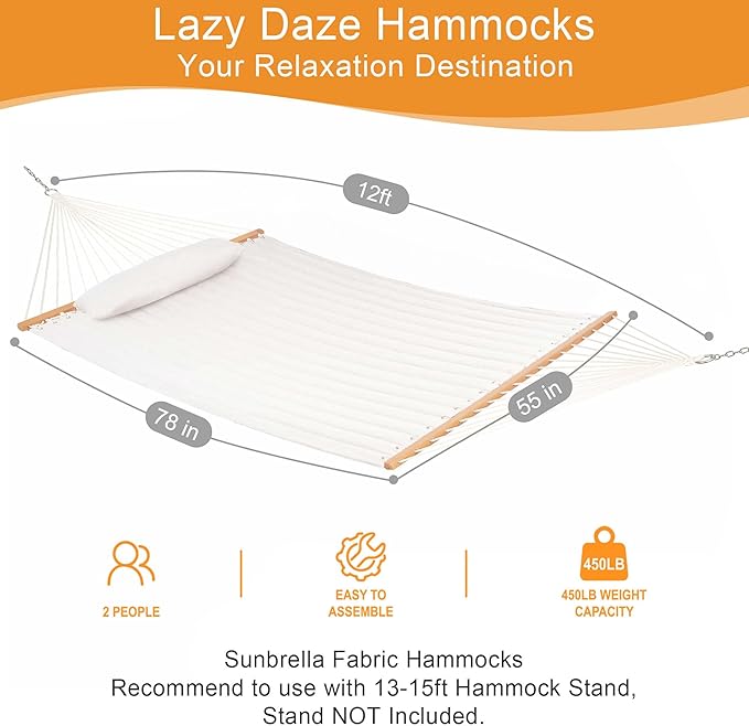 Lazy Daze Hammocks 12 FT Sunbrella Quilted Hammock Double Hammock with Hardwood Spreader Bar, for Patio Outdoor Outside All Weather, 450 lbs Capacity, Cream