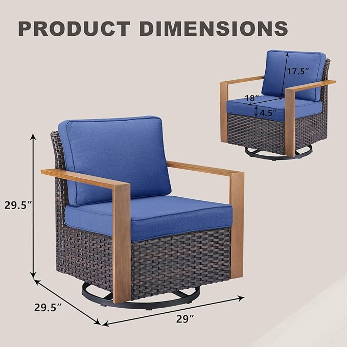 Rilyson Outdoor Patio Swivel Rocker Chairs - Wicker Rattan Patio Swivel Rocking Chairs Set of 2 with Metal Wide Armrest, Thick Cushions and Deep Seating for Deck Porch Sunroom Garden(Brown/Blue)