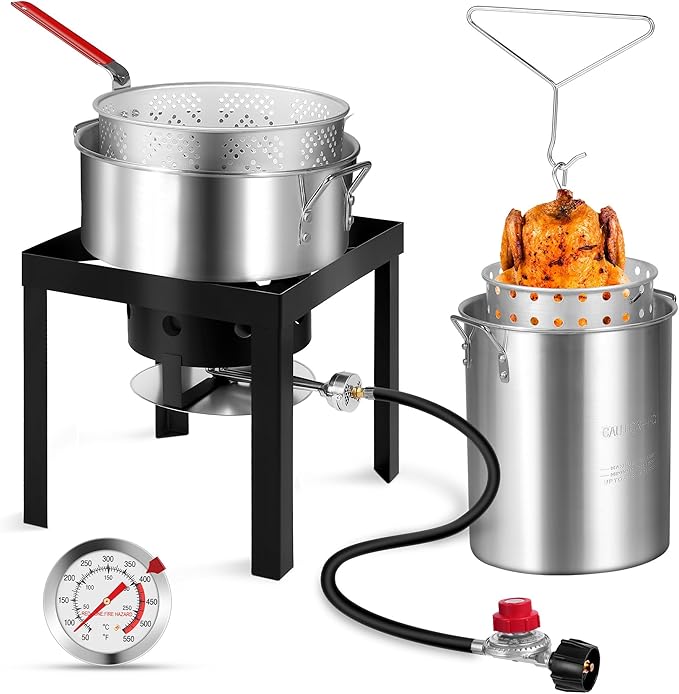 30QT Turkey Fryer & 10QT Fish Fryer Kit with Baskets, 50,000 BTU Propane Burner Stove for Party, Courtyard & Outdoor