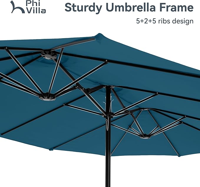PHI VILLA 15ft Large Patio Umbrellas with Base Included, Outdoor Double-Sided Rectangle Market Umbrella with Crank Handle, for Poolside Lawn Garden, Cyan