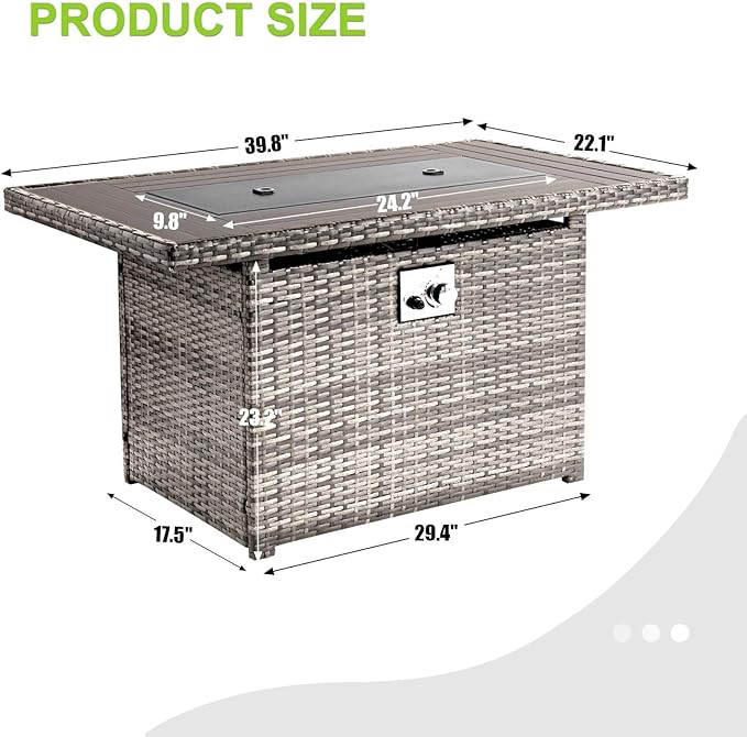 Aoxun 40" Propane Fire Pit 50,000 BTU Outdoor Wicker Fire Table with Wood-grainTabletop Patio Rectangular 2-in-1 Gas Fire Pit Table with Firepit Lid and Waterproof Cover（Gray）
