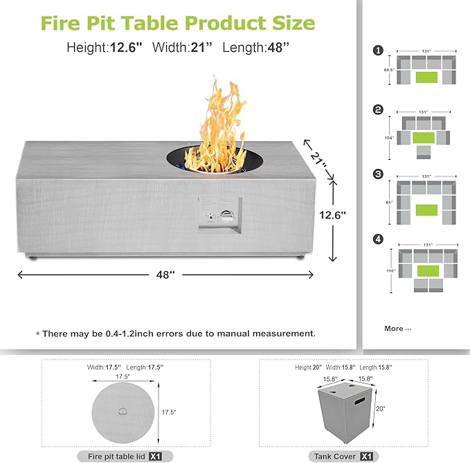 Dineli 2-Piece Outdoor Propane Fire Pit Table Set w Tank Table 48'' Rectangular Firepit Gas Fire Pits for Outside Patio Tabletop Fire Pits w LED, 50,000 BTU (Light Gray with RGB Light)