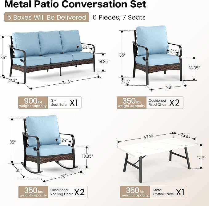 SUNSHINE VALLEY 6 Piece Metal Outdoor Patio Furniture Set, 1 3-Seater & 2 Fixed Sofa, 2 Rocking Sofa with 5.75" Thick Cushion & Coffee Table - Black & Blue