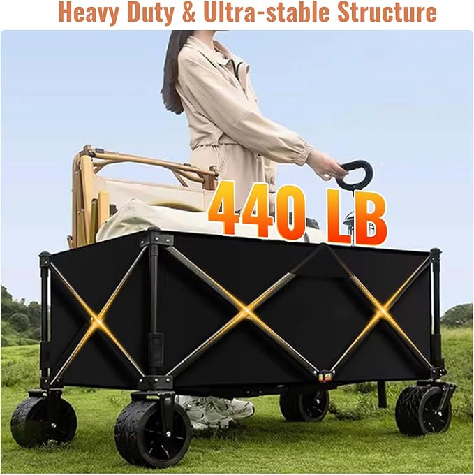 Collapsible Wagon Cart with Table,Beach Cart with Big Wheels for Sand,440Lbs Beach Wagon for Sand,Garden,Camping,Travel,Sports-Black.