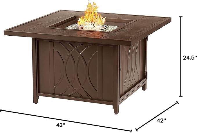 Square 42 in. x 42 in. Aluminum Propane Fire Pit Table with Glass Beads, Two Covers, Lid, 57,000 BTUs in Brown Finish