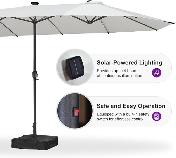 PURPLE LEAF 13ft Patio Market Umbrella with Solar LED and Base Double-Sided Rectangle Outdoor Table Sun Umbrellas with Crank for Pool Beach Deck Backyard Cream