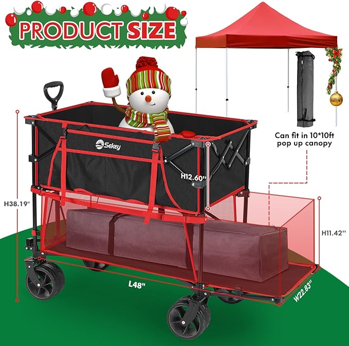 400L Large Capacity Folding Double Decker Wagon with Brakes, 48" Extra Long Extender Cart, 500lbs Heavy Duty Collapsible Wagons, All-Terrain Big Wheels for Camping, Sports, Shopping. Red&Black