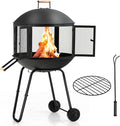 HAPPYGRILL 28” Outdoor Fire Pit, Rolling Patio Wood Burning Firepit with Lockable Doors, Fire Poker, Pine Wood Handle & Wheels, Heavy Duty Fire Pit for BBQ Entertaining Camping