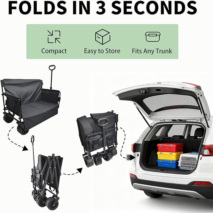 Collapsible Folding Wagon, Foldable Beach Wagon Cart with 300L Storage Collapsible 330LBS Folding Cart Adjustable Handle, Outdoor Utility Wagon for Groceries, Camping, Sports, Shopping(Black)