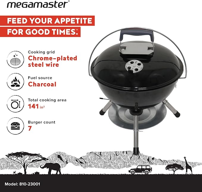 Megamaster 14.5" Portable Charcoal Barbecue Grill with Adjustable Air Vent, 141 SQ. In Cooking Area, Table Top Grill for Camping, Outdoor Cooking, Patios, and More - 810-23001