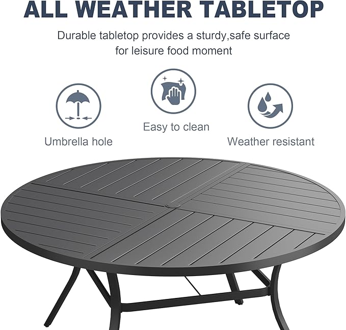 VICLLAX Round Patio Dining Table, 6 Person Metal Outdoor Dining Table with Umbrella Hole and Storage Shelf for Garden Lawn Deck, 50" Black