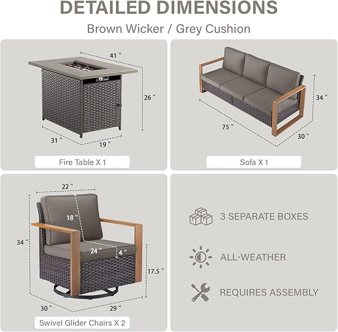 Belord Full 4 Pieces Patio Furniture Set with 41” Propane Fire Pit Table, Outdoor Conversation Set with Swivel Glider Outdoor Chair Set of 2 and Rattan Sofa for Deck Backyard