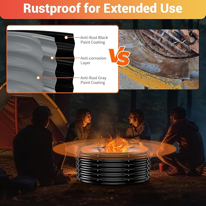 32 Inch Outdoor Fire Pit Ring,17'' Taller High Heat Resistant Wood Burning Firepit & Fireplace for Outside, Heavy Duty Galvanized Steel Fire Pits Bowl for Backyard Bonfire, Patio, Camping, Round