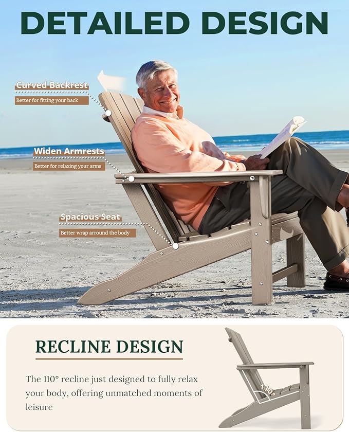 BRIOPAWS Adirondack-Chairs-Set of 4 | HDPE Plastic | Fire Pit Chair | Oversized | Wood Grain | All Weather | for Deck Outdoor Poolside Campfire
