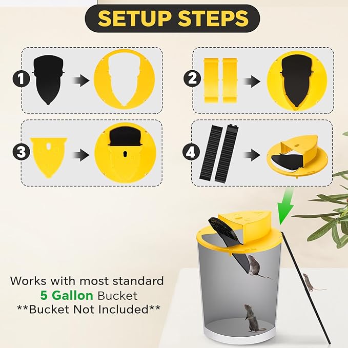 Mouse Trap Bucket Lid, 5 Gallon Bucket Lid Mouse Rat Trap, Multi-Catch, Auto Reset, Reusable Mice Trap Lid for Indoor Outdoor Use (4)